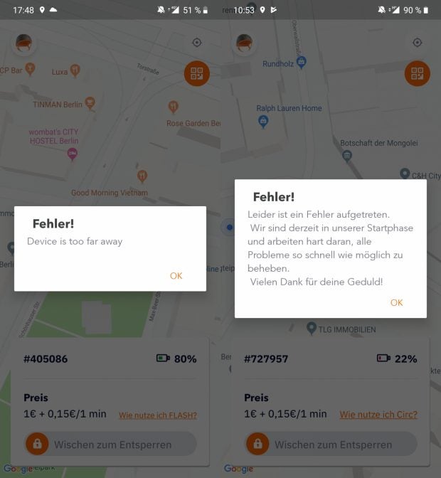 Bei der versuchten Ausleihe zeigte die Circ-App Fehlermeldungen an - die Nutzung war nicht möglich. (Screenshots: t3n)