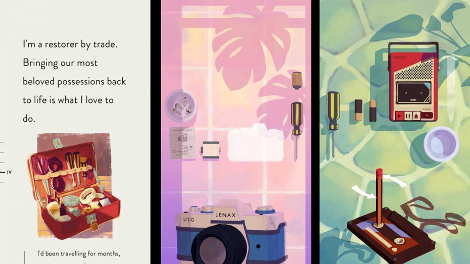 „Assemble with Care“ ist ein entschleunigtes, story-getriebenes Puzzle-Game von Ustwo Games – den Machern von des preisgekrönten Perspektiven-Puzzlers Monument Valley. Hier lernt ihr die Bewohner eines Dörfchens kennen und bereichert ihr Leben, indem ihr ihre Elektrogeräte repariert – und dabei mit ihnen redet. (Screenshot: Ustwo Games)