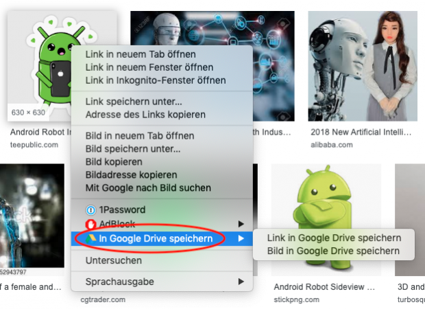 Kontextmenü der Google-Suche zum Speichern von Link-Zielen und Bildern in Google Drive.