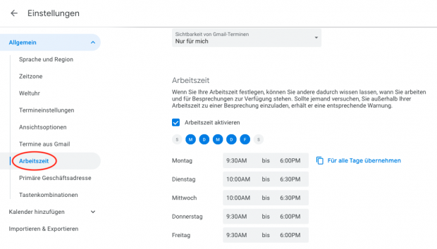 Arbeitszeit-Einstellungen in Google Kalender.