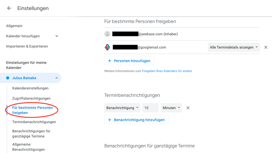 Öffnet zum Freigeben mit „s“ wieder die Einstellungen und klappt die Optionen des freizugebenden Kalender links aus. (Screenshot: t3n)