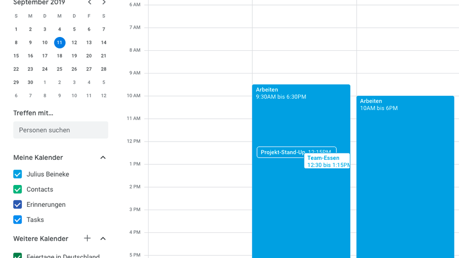 Habt ihr bereits die passende Freigabe, könnt ihr deren Kalender schnell und einfach auf der linken Seite einblenden. Öffnet das „Hamburger-Menü“ (die drei horizontalen Striche). (Screenshot: t3n)