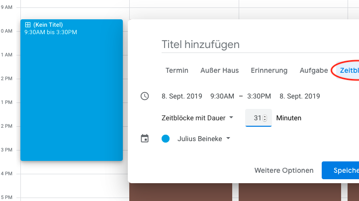 Um einen Termin in Zeitblöcke zu unterteilen, müsst ihr ihn neu anlegen und beim Erstellen „Zeitblöcke“ als Terminart wählen. Ihr könnt ihn als einzelnen Zeitblock anlegen oder in mehrere unterteilen, deren Dauer ihr definiert. (Screenshot: t3n)
