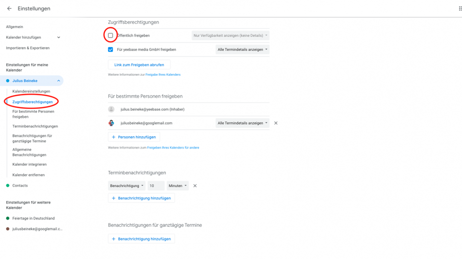 In den Einstellungen für einzelne Kalender wählt ihr 