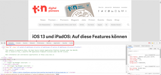 Verschiedene Reiter der Entwicklertools