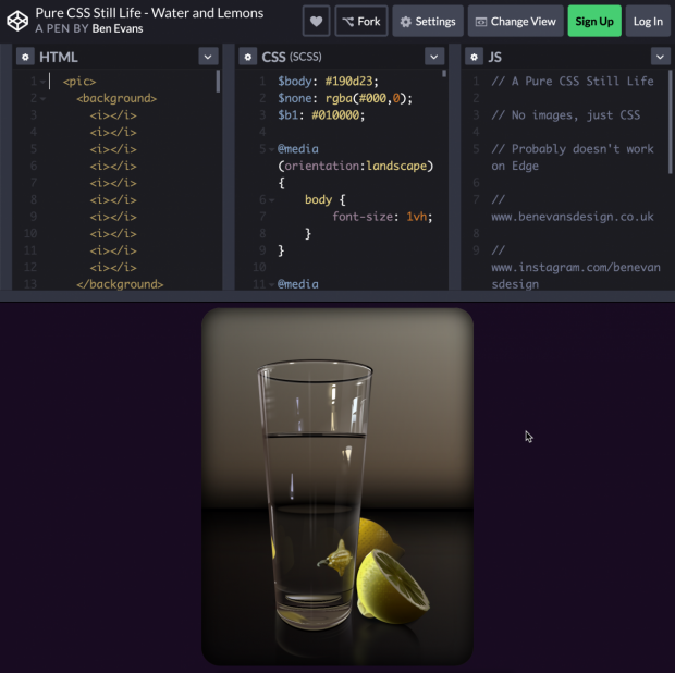 Pure CSS Still Life - Water and Lemons. (Screenshot: t3n)