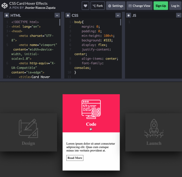 CSS Card Hover Effects. (Screenshot: t3n)