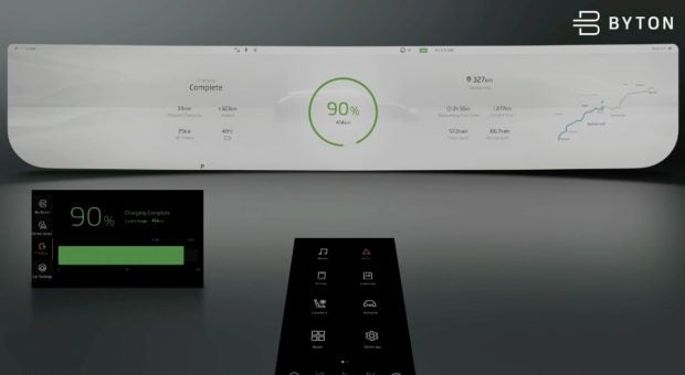 Auf dem riesigen Display des Byton M-Byte könnt ihr euch Routenempfehlungen entlang des Ladenetzwerks angezeigt werden. (Screenshot: t3n; Byton)
