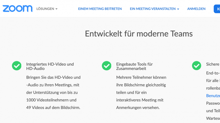 Auf Zooms Website wird Ende-zu-Ende-Verschlüsselung versprochen –  siehe Absatz rechts. (Screenshot: zoom.us / t3n)