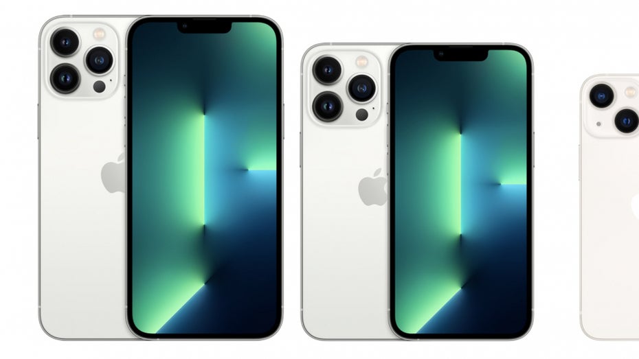 iPhone 13 Pro Max neben iPhone 13 Pro und iPhone 13 Mini. (Screenshot: t3n; Apple)