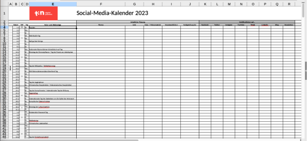 Screenshot des t3n Social-Media-Redaktionskalender für 2023 in Excel