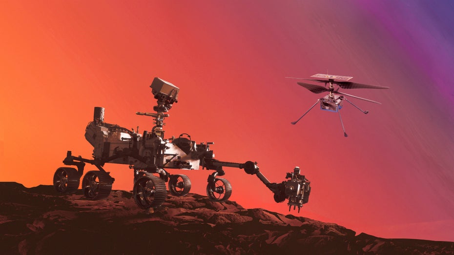 Perseverance und Ingeniuty auf dem Mars – jetzt herrscht Funkstille. (Foto: Shutterstock/fukume) Perseverance Ingeniuty Mars