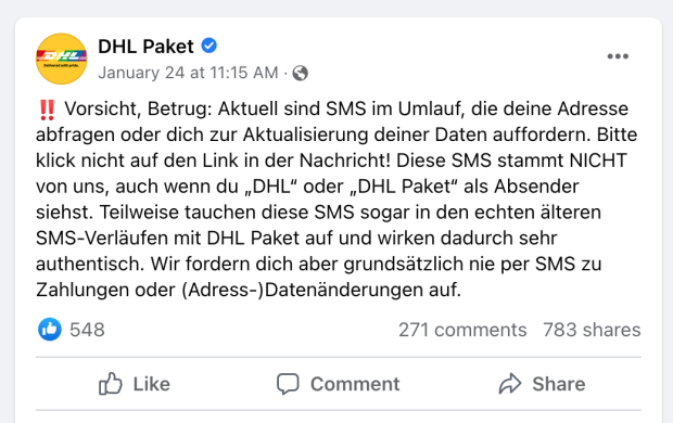 DHL warnt via Facebook vor Phishing