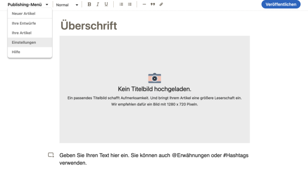 Die Möglichkeit, einen SEO-Titel und eine Beschreibung für deinen Linkedin-Artikel einzutragen, findest du im Publishing-Menü unter dem Reiter „Einstellungen”.