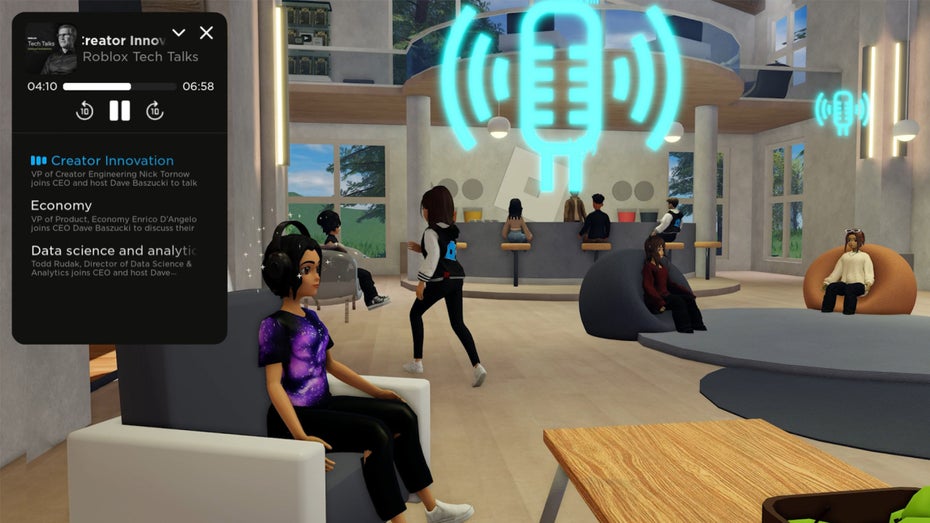 Unter anderem gibt es dort Podcasts zu hören. (Foto: Roblox) Career-Center: Roblox wirbt in-Game um Mitarbeiter