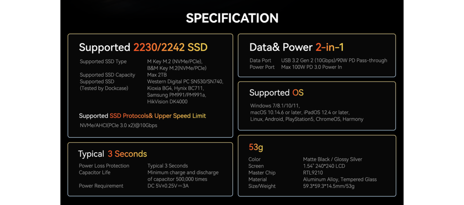 Spezifikationen des Dockcase Smart Magsafe SSD-Gehäuses. (Bild: Dockcase)