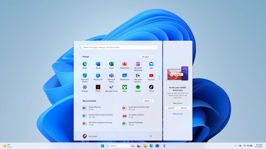 Zugriff aufs iPhone in Windows 11 bald via Startmenü. (Bild: Microsoft) iPhone Windows 11
