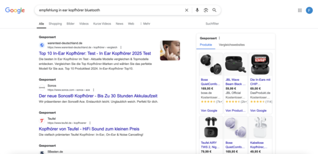 Google-Suchergebnisse für die Suche nach einer Kaufempfehlung für In-Ear-Kopfhörer