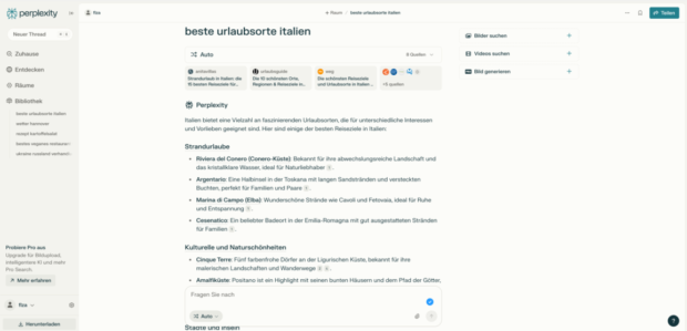 Perplexity-Suchergebnisse zu den besten Urlaubsorten in Italien