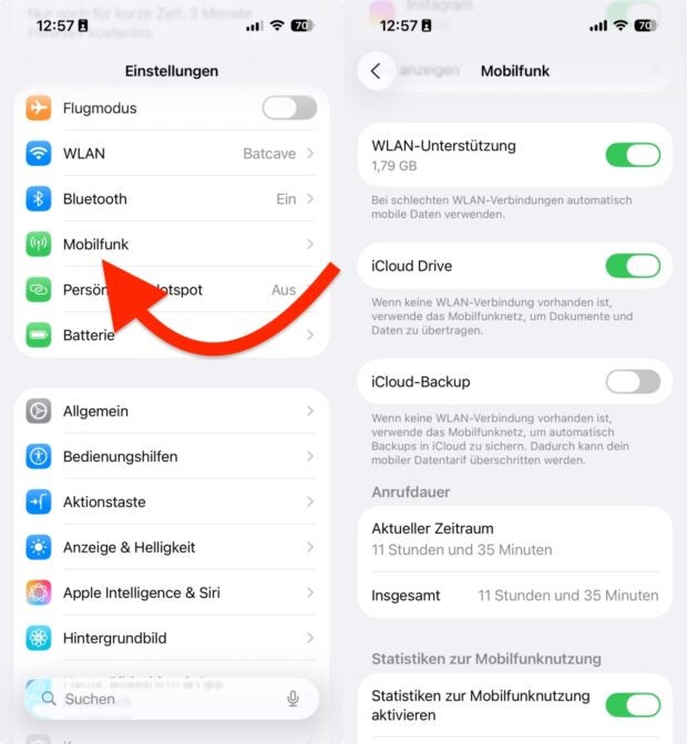 Screenshots zu den Mobilfunk-Einstellungen in iOS 26.