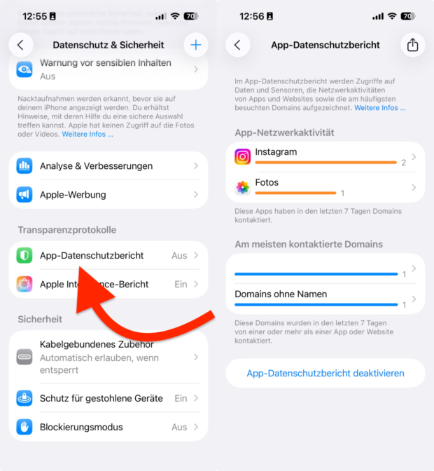 Screenshots zeigen den Datenschutzbericht von iOS 26.