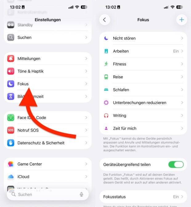 Screenshots zeigen die Einstellungen für den Fokus-Modus in iOS 26.