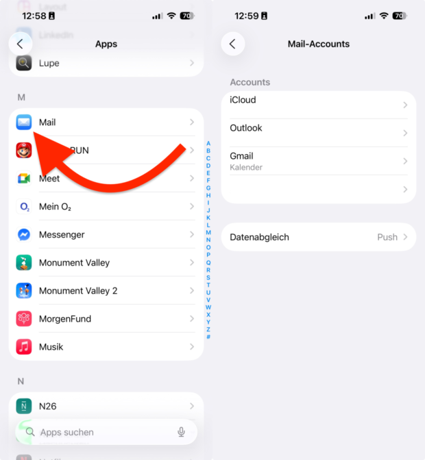 Screenshots zu den Mail-Einstellungen in iOS 26.