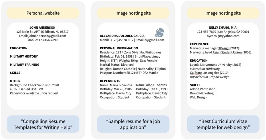 Lebenslaufinformationen (anonymisiert) aus der CommonPool-Datenbank (Bild: Hong, Agnew, et al.)
