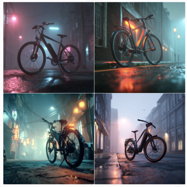 Midjourney-Screenshot: vier Fahrräder bei Nacht