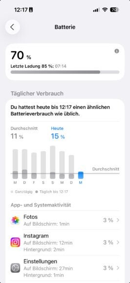 Ein Screenshot des Batteriemenüs von iOS 26.