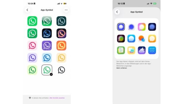 Screenshots aus Whatsapp und Signal nebeneinander.