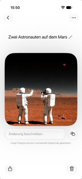 Ein Screenshot der Playground-App aus iOS 27 zeigt KI-generierte Astronauten auf dem Mars.