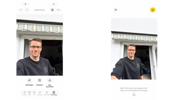 Zwei Bilder aus der Bearbeitungsansicht von iOS 27 liegen nebeneinader und zeigen einen Mann.