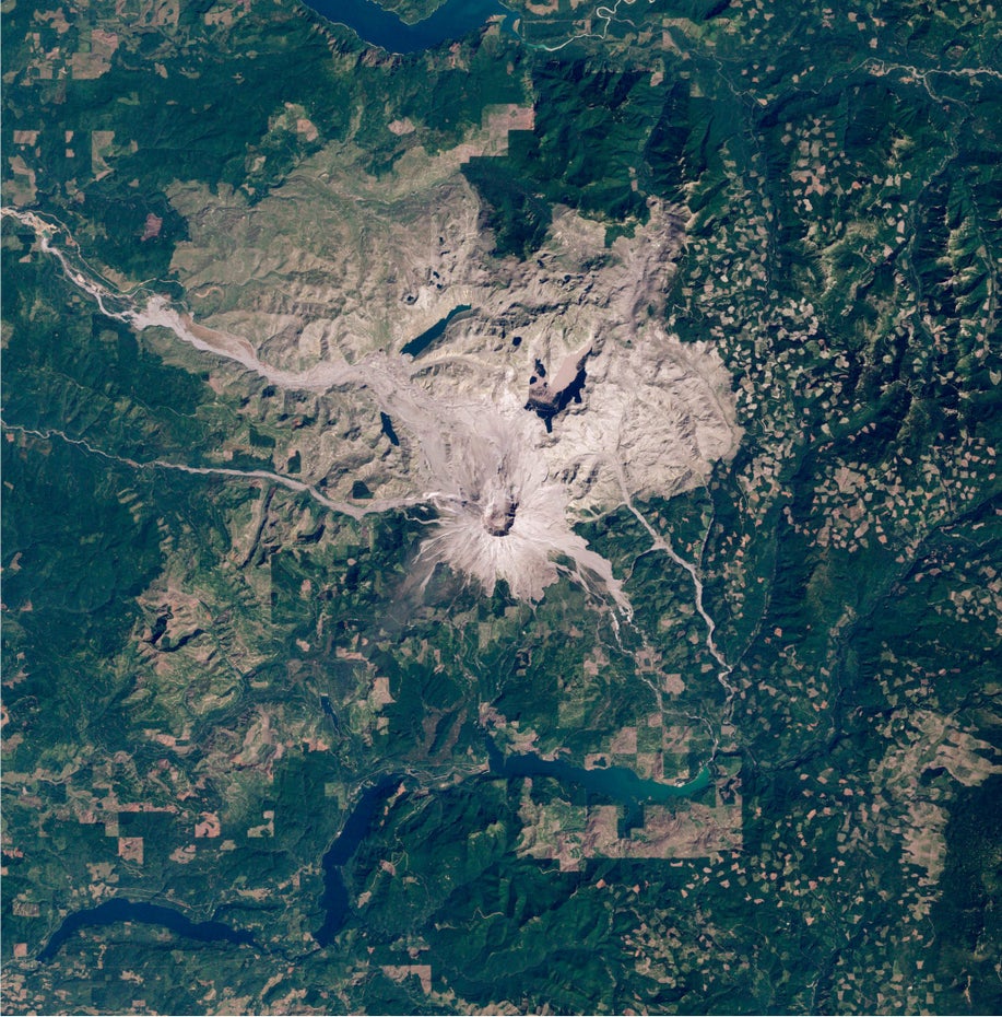 Grüne Landschaft umgibt den grau-braunen Krater des Mount St. Helens und die ihn umgebende Vulkanlandschaft.