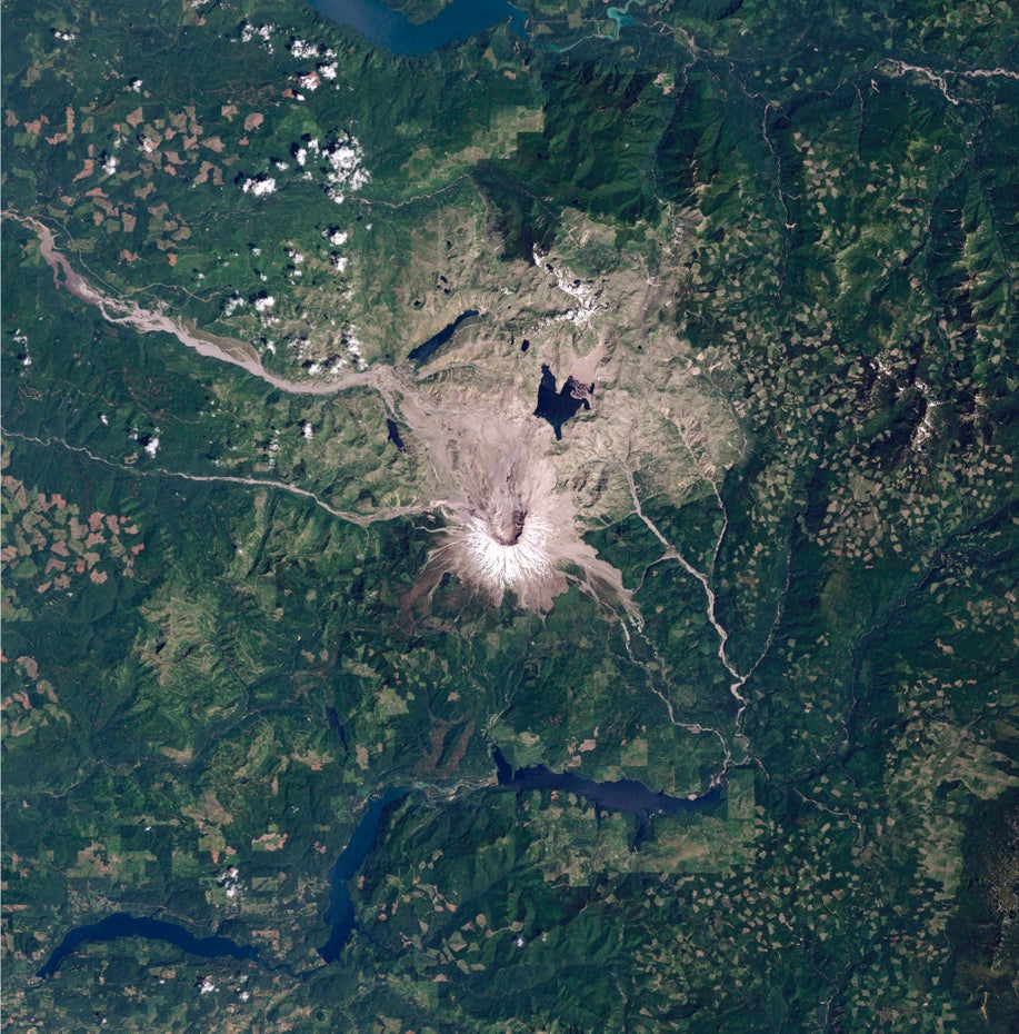 Der Mount St. Helens und seine grau-braune Vulkanlandschaft sind von einer grünen Landschaft umgeben.
