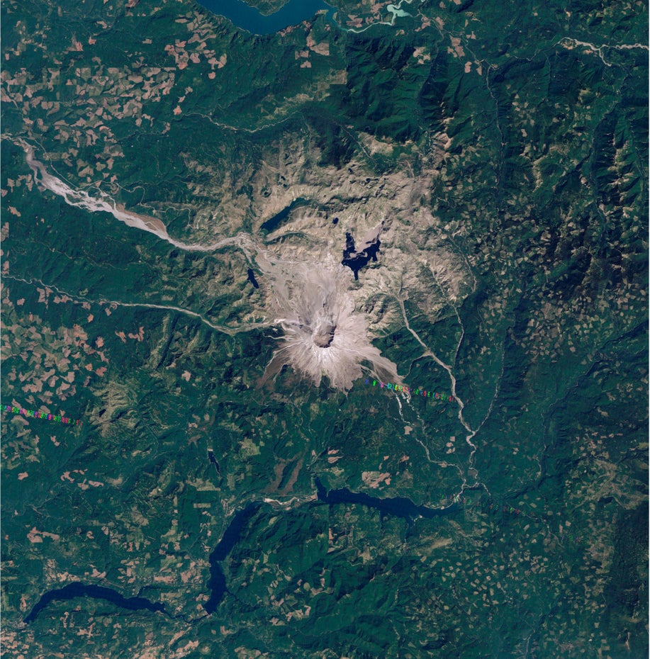 Der grau-braune Mount St. Helens und die vom Vulkanausbruch unmittelbar betroffene Landschaft liegen in grüner Umgebung.