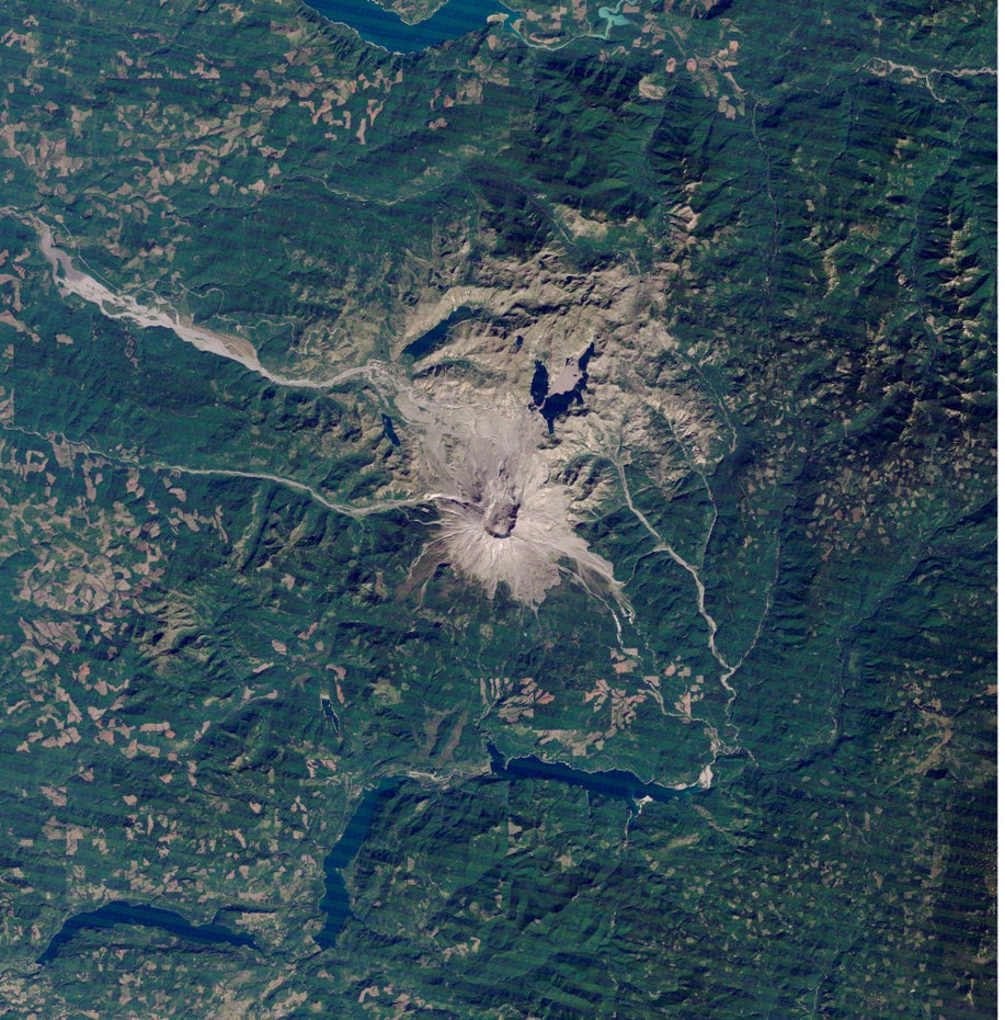 Der grau-braune Vulkan Mount St. Helens und seine nähere Umgebung liegen mittig in der Satelliten-Aufnahme, umgeben von einer grünen Landschaft.