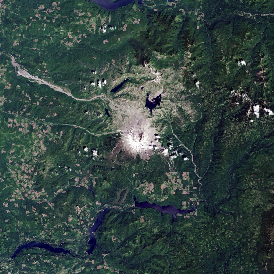 Der Krater des Mount St. Helens ist mit Schnee bedeckt, seine Umgebung ist größtenteils grün.