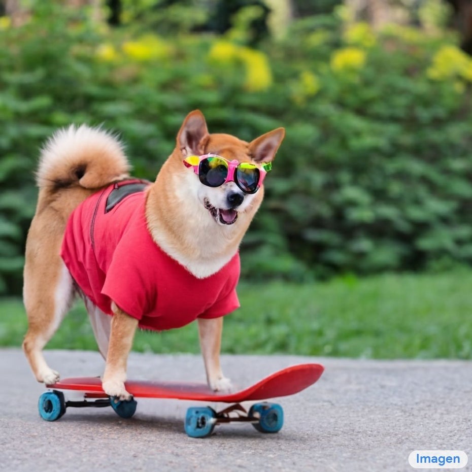 Ein Shiba Inu mit Sonnenbrille und rotem Shirt fährt Skateboard im Garten.