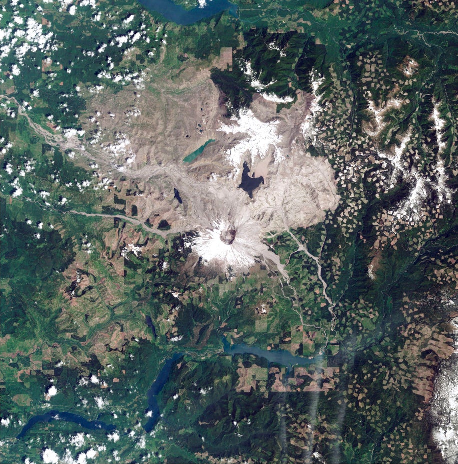 Der Mount St. Helens ist in grau-braun zu erkennen, in weiß ist auf ihm Schnee zu sehen. Die Landschaft darum ist grün.