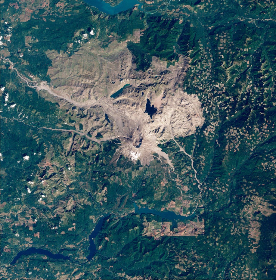 Gründe Landschaft umgibt den grau-braunen Mount St. Helens und das vom Vulkanausbruch unmittelbar betroffene Gebiet.