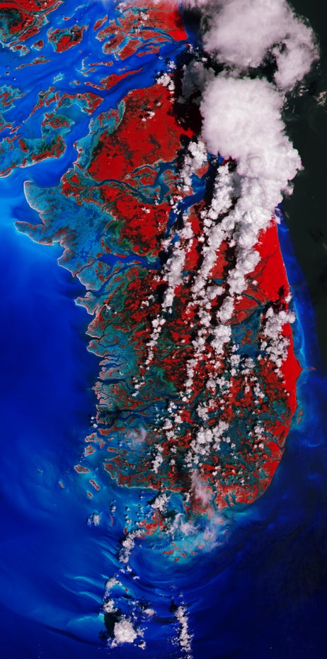 Das False-Color-Bild stellt die Vegetation er Bahamas-Insel Andros rot dar, das Meer ist tiefblau. von links unten nach rechts oben ziehen sich weiße Wolkenstreifen.