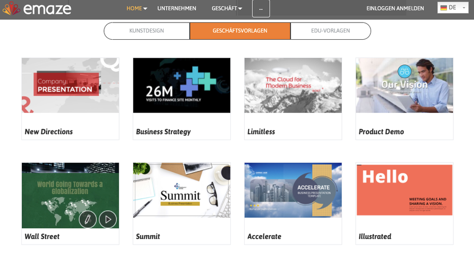 Auf dem Screenshot sind acht Beispiel-Templates von Emaze zu sehen.