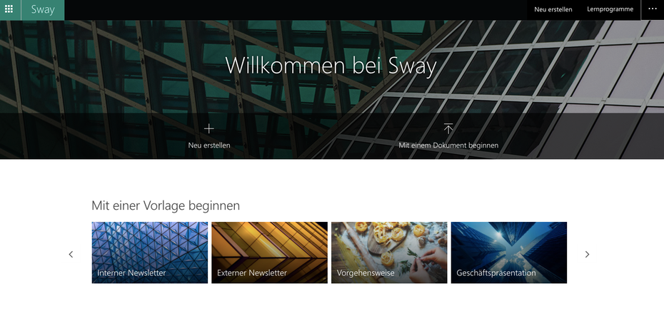 Bei Microsoft Sway sind verschiedene Templates als Vorlage zu sehen.