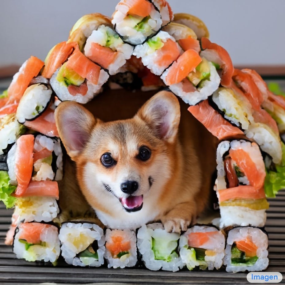 „Ein süßer Corgi wohnt in einem Haus aus Sushi“ lautete die Anforderung an den Bildgenerator. Dieses Bild kam dabei heruas.