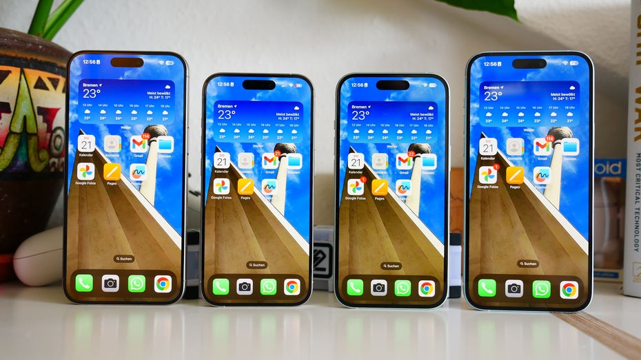 iPhone 15 Pro Max, iPhone 15 Pro, iPhone 15 und 15 Plus auf einem Bild. 