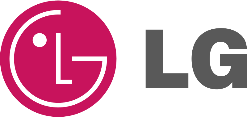 Ein roter Kreis mit einem weißen „G“, worin sich ein „L“ und links daneben ein weißer Punkt befindet vor schwarzem Hintergrund. Daneben steht „LG“ in grau.